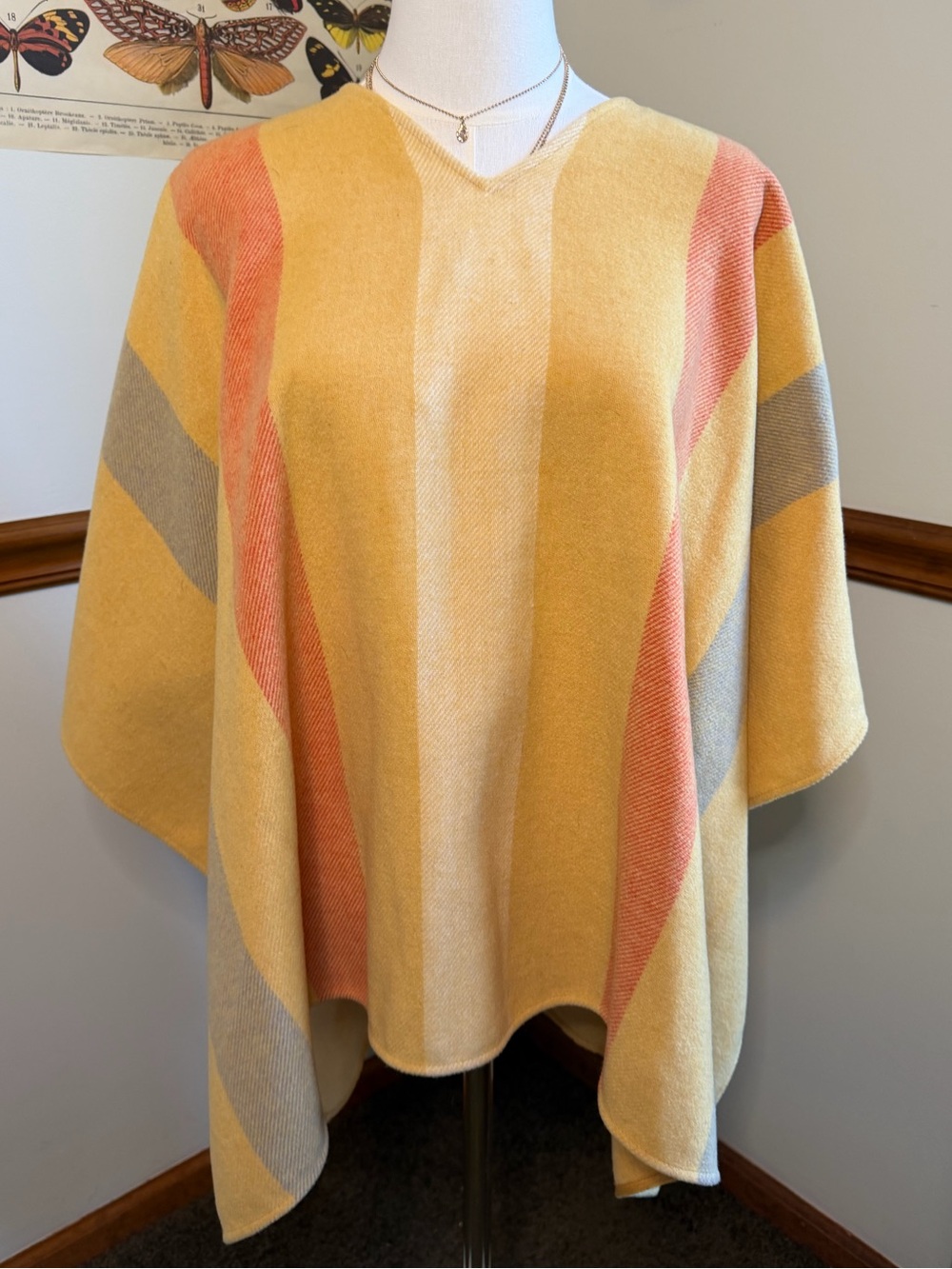 Boho Striped V‑Neck Poncho Sweater - Yellow/Coral/Grey